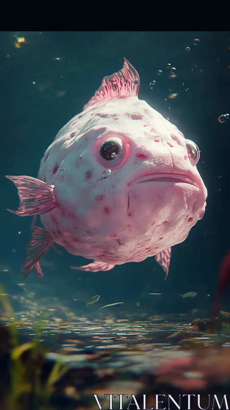 Plump pink deep‑sea fish rendered in cinematic 3D lighting.