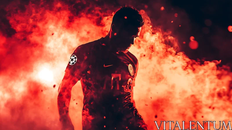 Silhouetted footballer in red pyrotechnic smoke, dynamic bokeh