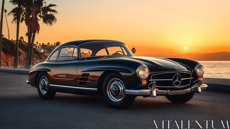 Photorealistic classic coup&eacute; at coastal sunset horizon line.