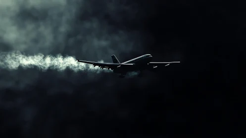 Solitary jet airliner cuts through dramatic dark night sky
