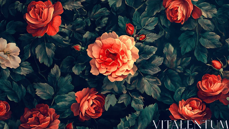 Riotous Garden: Coral Roses Dance in Moody Shadow.