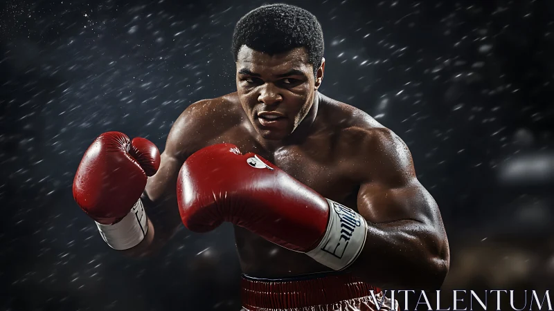 Professional boxer executing forward stance with crimson leather boxing gloves