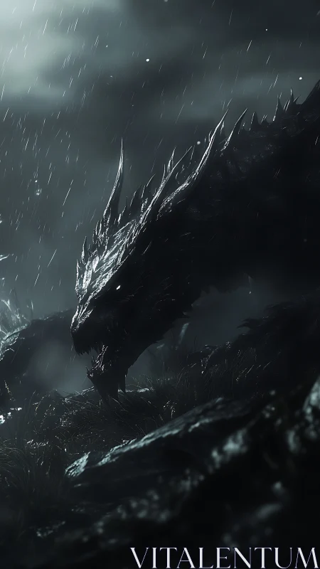 Nocturnal dragon rendered amid storm-lit chiaroscuro rainfall