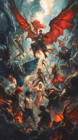 Vertical fantasy battle scene arranges winged figures symmetrically