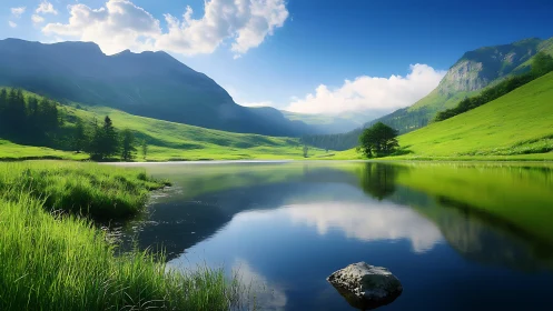 Serene alpine lake mirroring lush valleys and blue peaks.