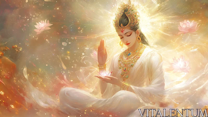 Radiant goddess meditates amid luminous floating lotus blooms