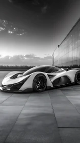 Sleek white hypercar rests beside a modern glass building