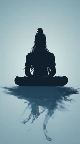 Silhouette yogi in lotus over abstract reflected ink wash.