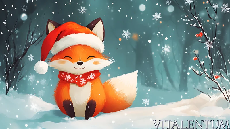 Cartoon fox in winter forest wears Santa hat and scarf