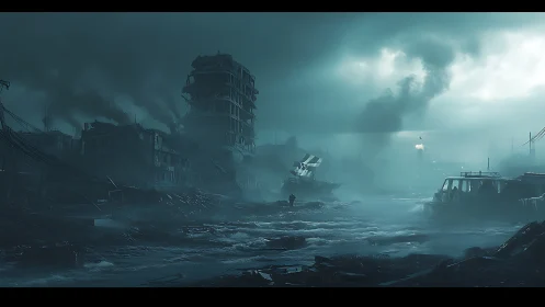 Flooded postwar ruin with central lone figure in toxic fog
