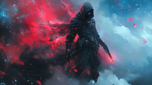 Shadowy space wanderer strides through glowing cosmic storm