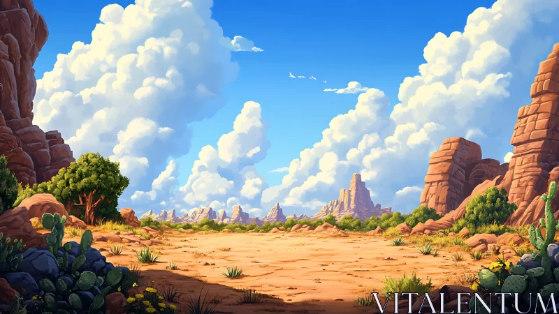 Sunlit desert valley under towering summer clouds.