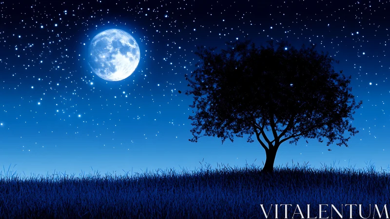 Lunar-illuminated tree silhouette under dense stellar field.