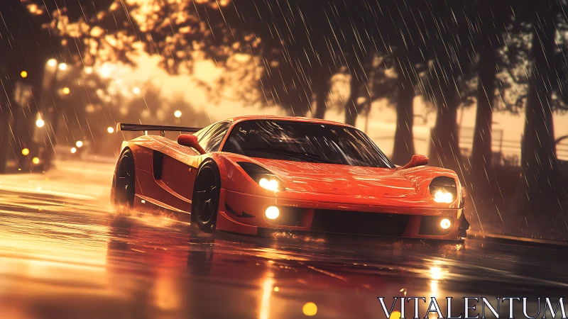 Sunlit rain chase with a bold red supercar in motion.