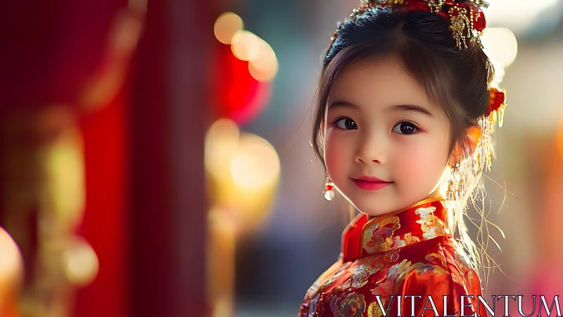 Young girl in ornate red dress with soft blurred lights.