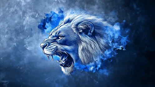 Blue spectral lion roars through swirling digital smoke.