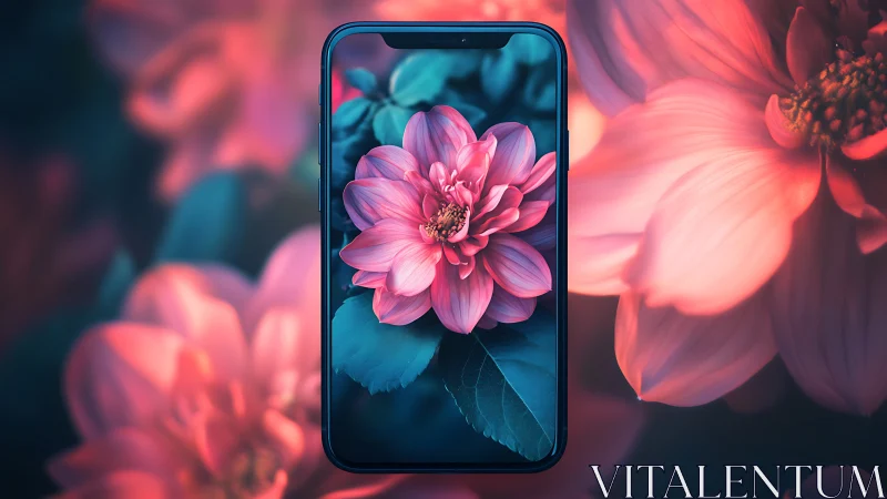 Smartphone displaying vibrant pink dahlia within chromatic floral environment.