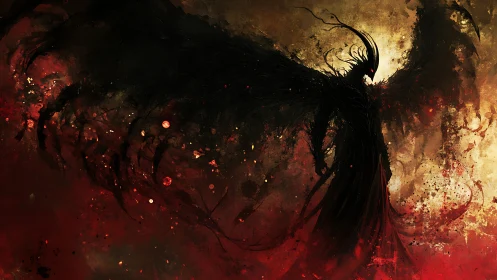 Dark winged demon rises through fire and swirling shadow