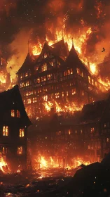 Towering Gothic Structure Consumed by Inferno Flames.