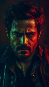Male subject in split red green lighting, leather jacket portrait.