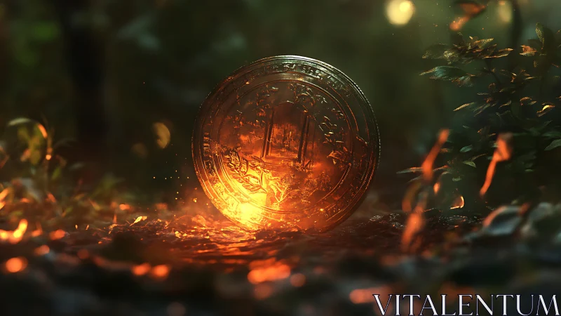 Molten gold coin ignites forest floor with glowing embers.
