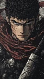 Battle-scarred warrior’s steady gaze in stormy silence.