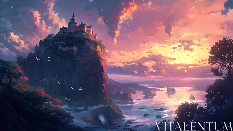 Castle ruins on rocky cliff under dramatic sunset sky with glowing clouds
