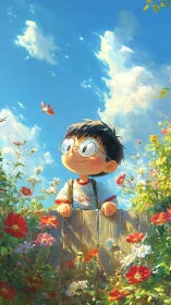Boy with glasses at wooden fence under vibrant summer sky