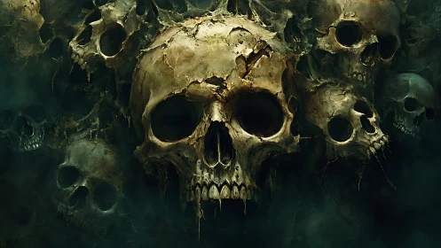 Clustered human skulls form a dense central visual mass