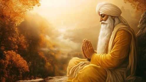 Elderly sage meditating in warm autumn mountain light.