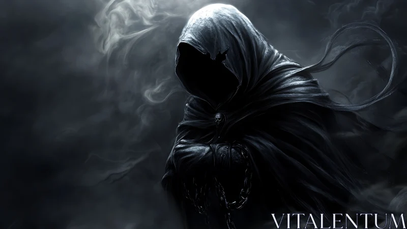 Hooded wraith emerges from swirling shadows in ghostly fog