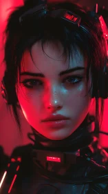 Cyberpunk woman in red neon headset portrait closeup.