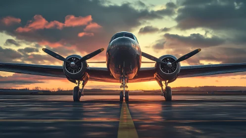 Sunset-bathed vintage twin-engine plane waits on the runway.