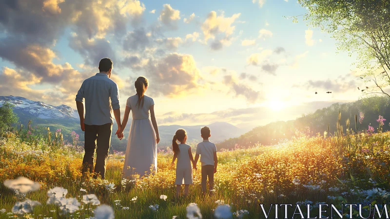 Four figures stand in a sunlit meadow facing distant hills