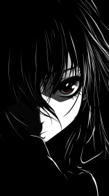 Shadowed anime gaze holds quiet strength in stark contrast