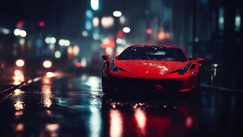 Scarlet supercar waits like a coiled spark in neon rain
