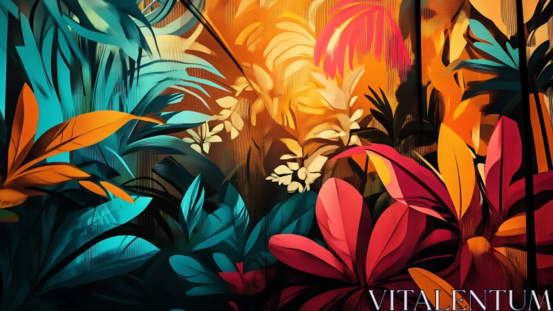 Bold tropical foliage in vivid teal, orange and magenta jungle