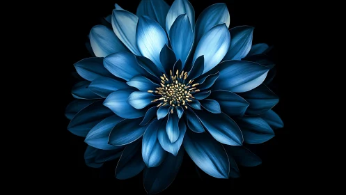 Blue dahlia with layered petals and golden center on black background.