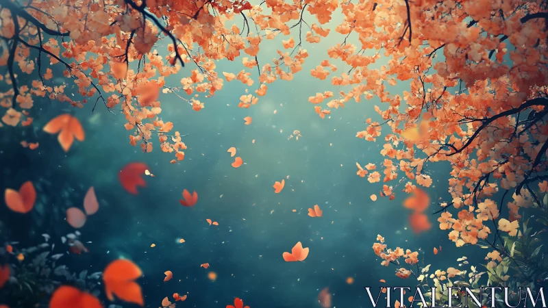 Autumn blossoms swirling above dreamy teal forest glade.