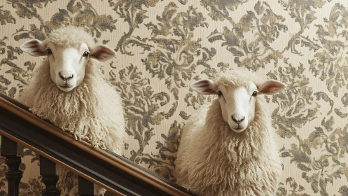 Two fluffy sheep pose indoors against ornate wallpaper.