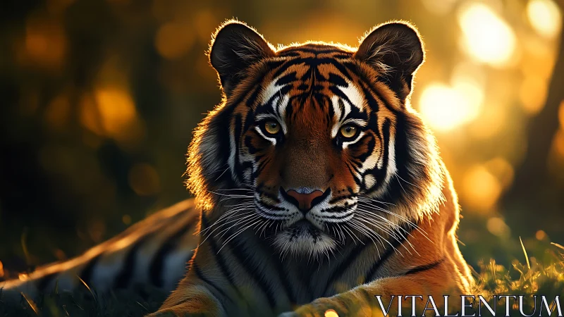 Majestic tiger rests in glowing golden forest light.