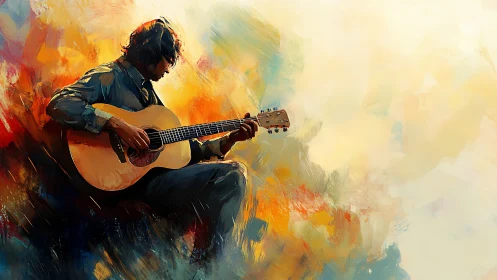 Acoustic guitarist in dynamic chromatic brushwork field.