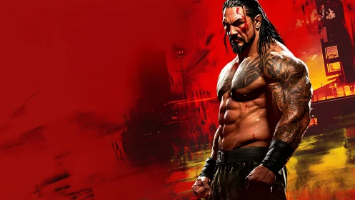 Muscular tattooed fighter rendered against abstract red arena