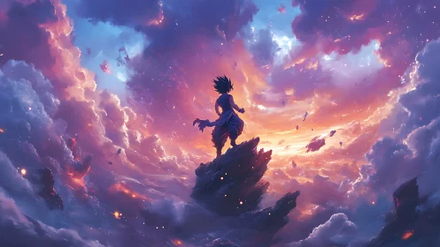 Sky-clad wanderer crowns a storm of violet and flame