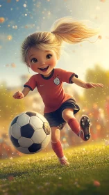 Dynamic stylized girl kicking soccer ball in warm backlit field