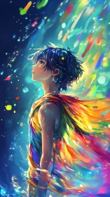 Boy stands in profile under cascading multicolored light streaks