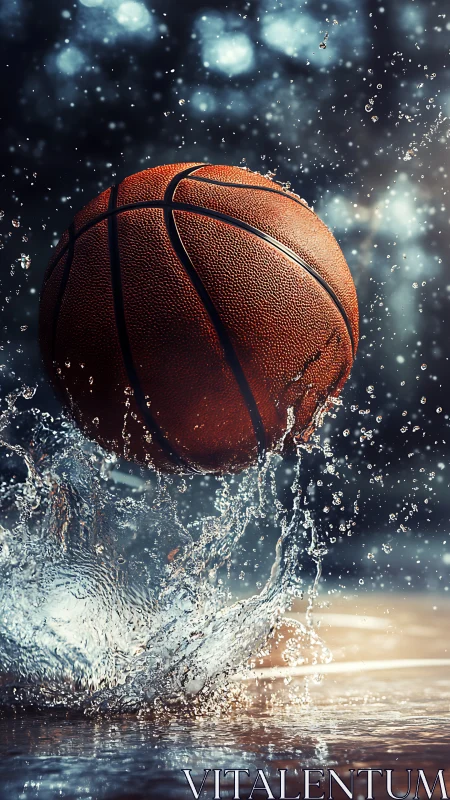 Dynamic basketball splashes through water under stadium lights.