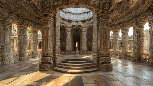 Stone temple interior with carved columns and central altar.