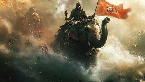 Digital painting of regal war elephant with national flag emblem.