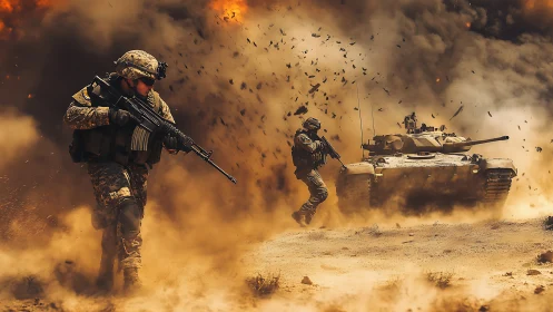 Photorealistic battlefield composition with armored infantry action.